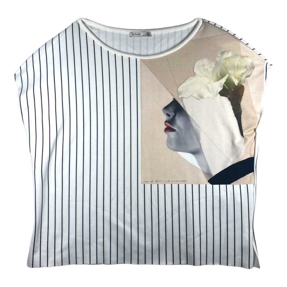 Zara Womens Top Large Blouse Print Short Sleeve Boxy Cropped Shirt Cotton